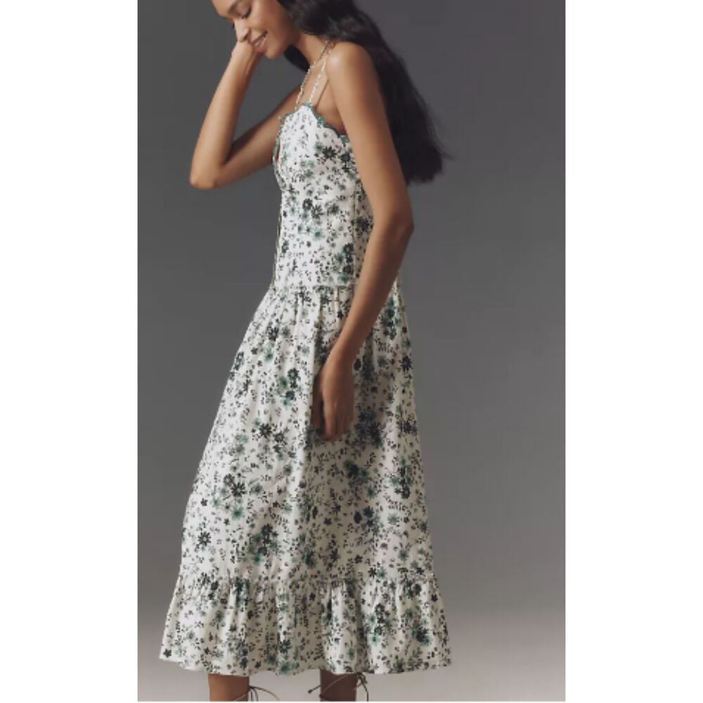 NEW Anthropologie DropvWaist Linen Blend Dress White Green Floral Size L - Picture 4 of 10